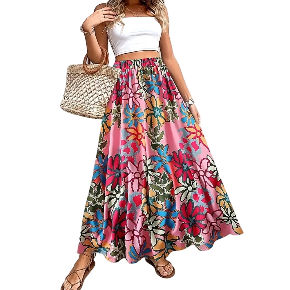 2 Pcs Maxi Skirt Floral '70s Vintage Style Boho Skirts Earrings Vacay Outfit
